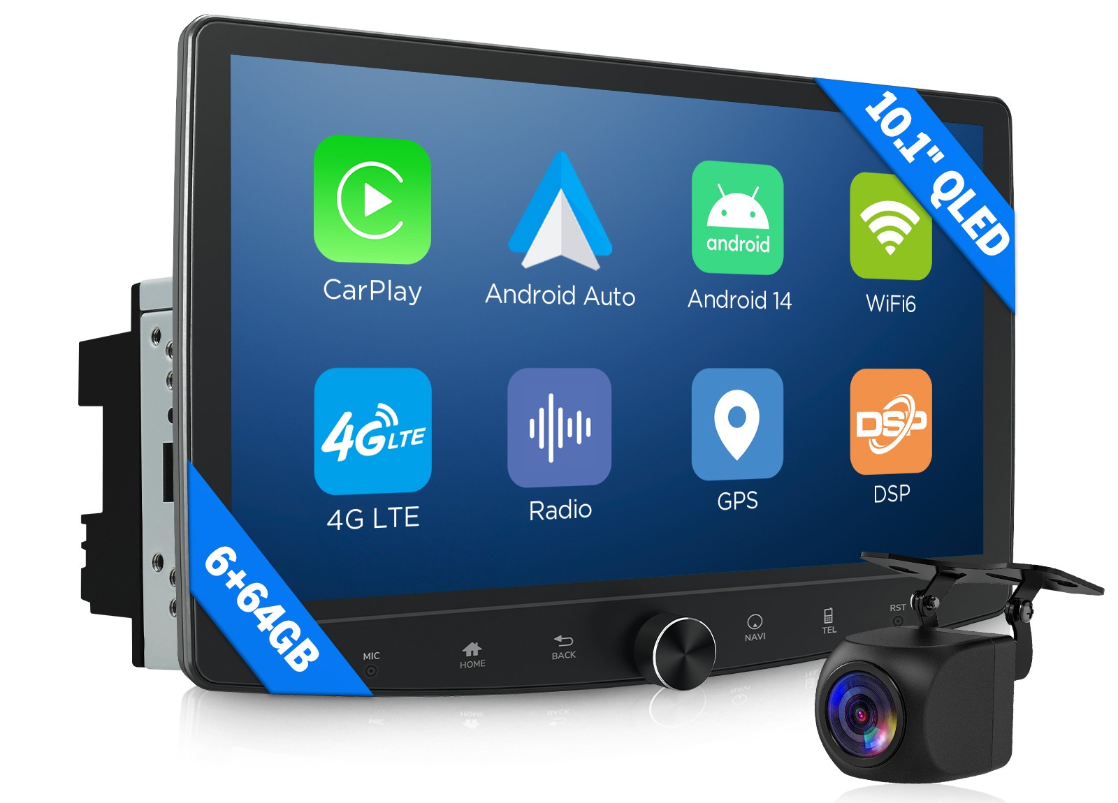 Android 14 10.1" QLED 6+64 Double 2 DIN Car Stereo Radio CarPlay GPS Touchscreen
