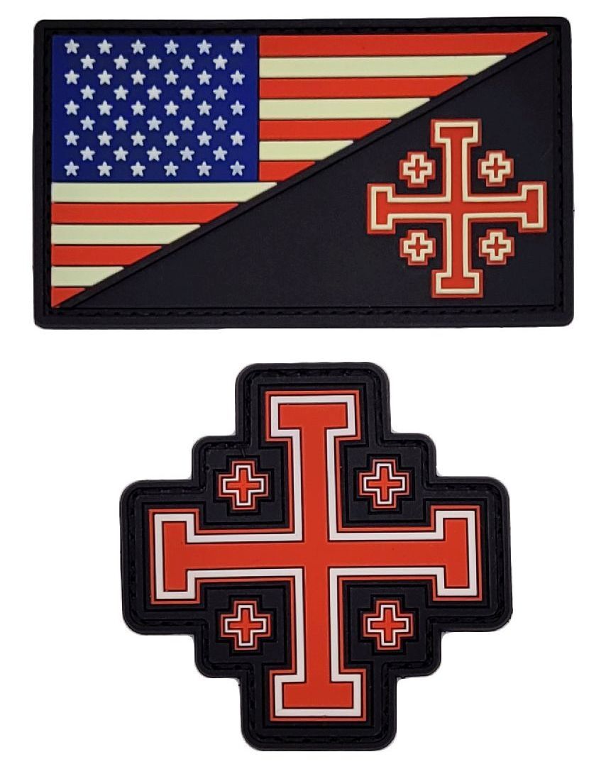 USA Flag Jerusalem Cross Crusader PVC Morale Patch [2PC Bundle -Glow Dark]
