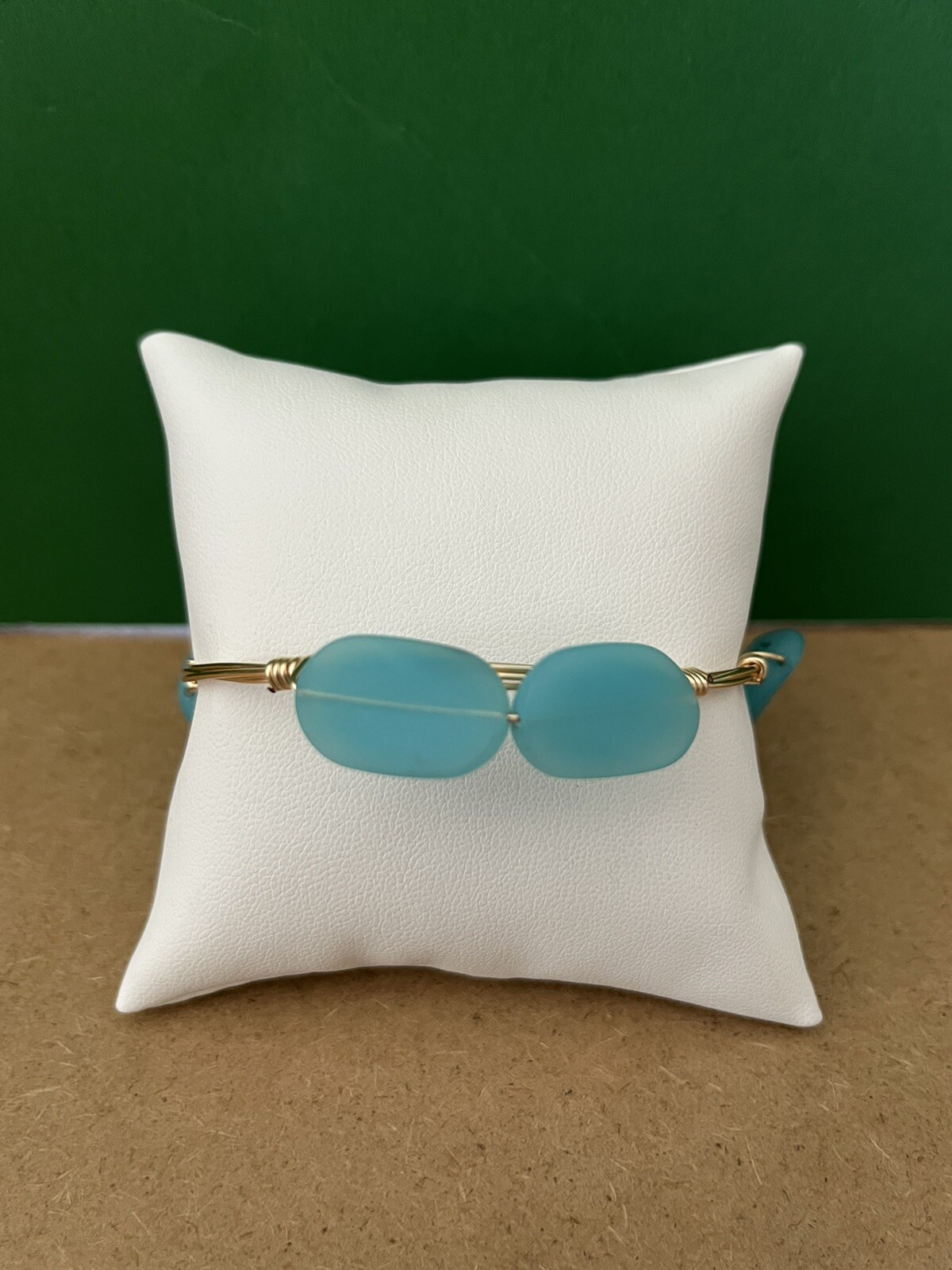 Teal Sea Glass Wire Wrap Bangle Bracelet