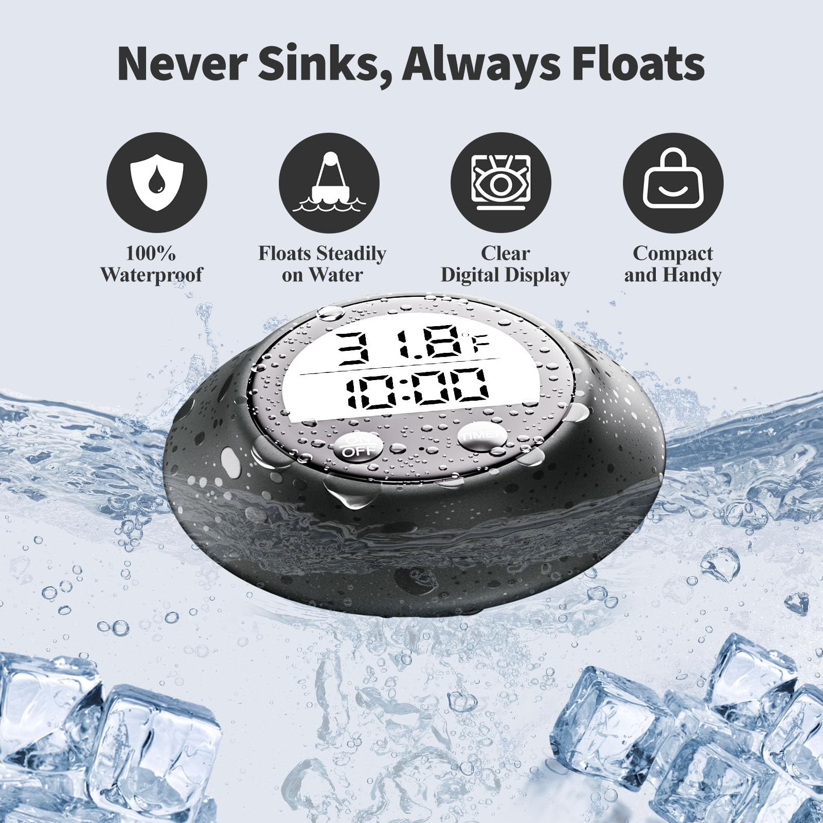 Silicone Cover Ice Bath Thermometer with Timer, Waterproof Floating Gray