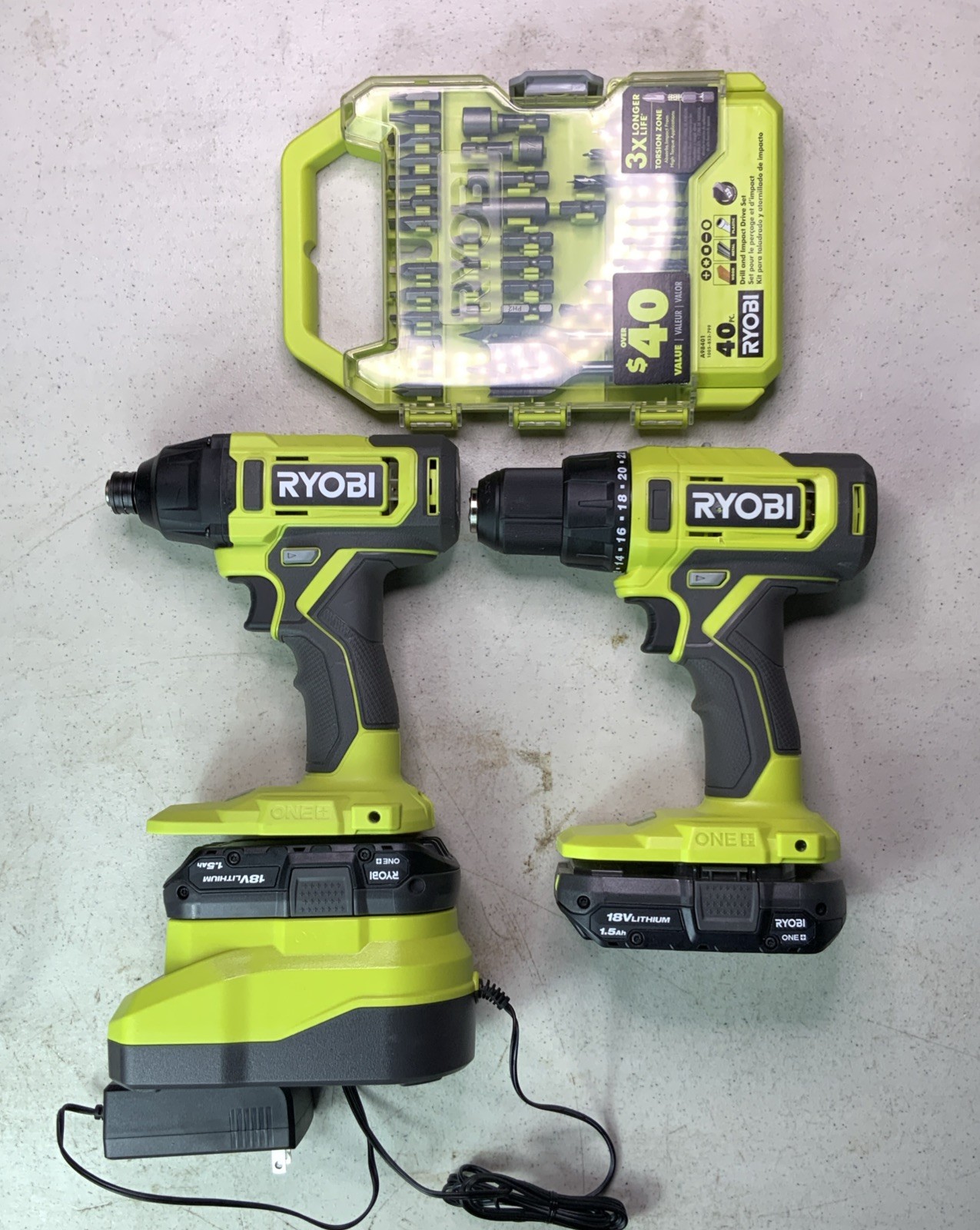 Ryobi One+18V Cordless Drill/Driver Set of 2 Battery,  Charger Impact Drill Set