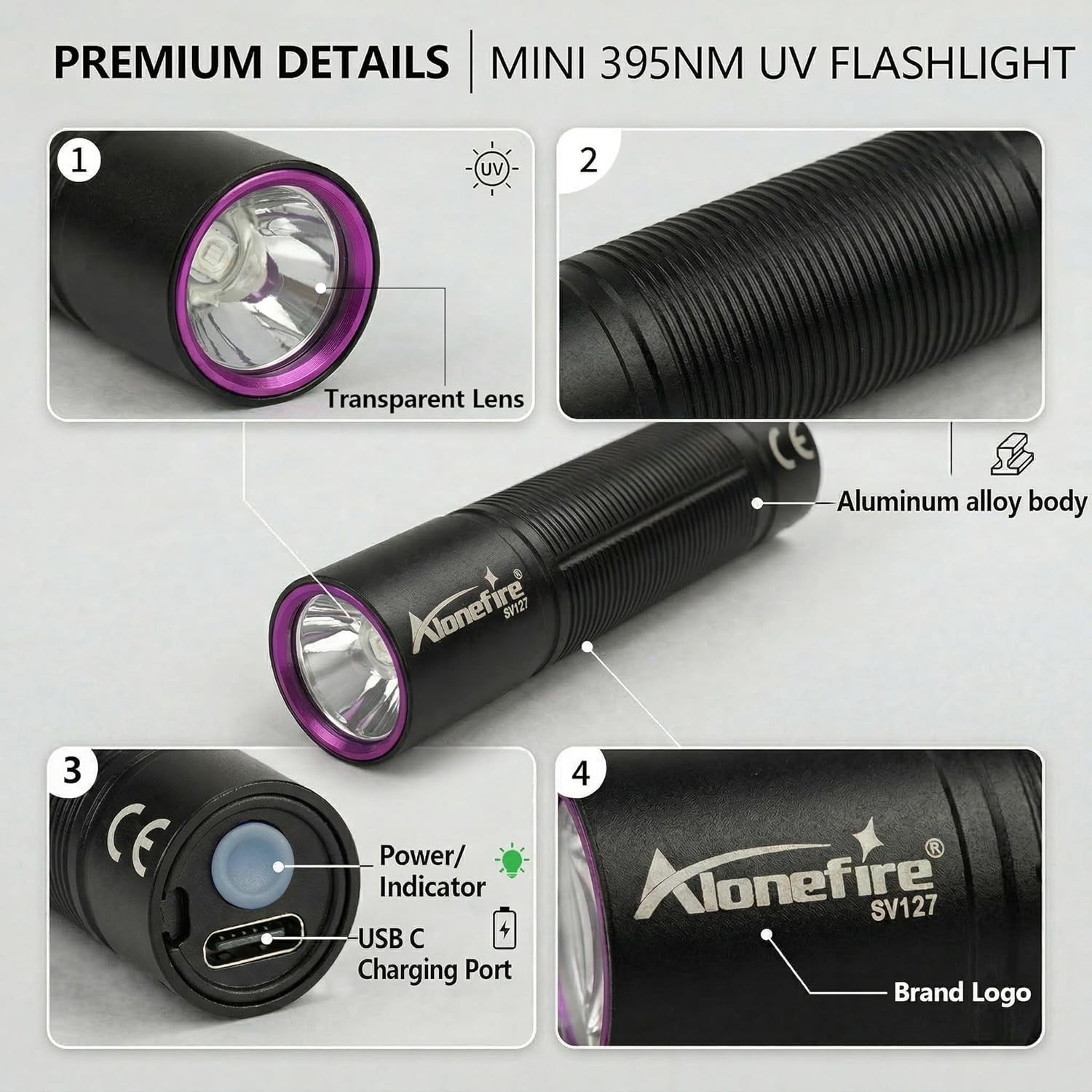 395nm UV Flashlight Mini Blacklight USB C Rechargeable Rechargeable