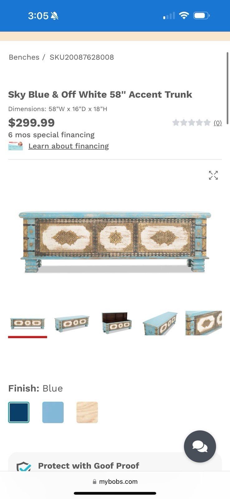 Sky blue and off white 15” accent trunk