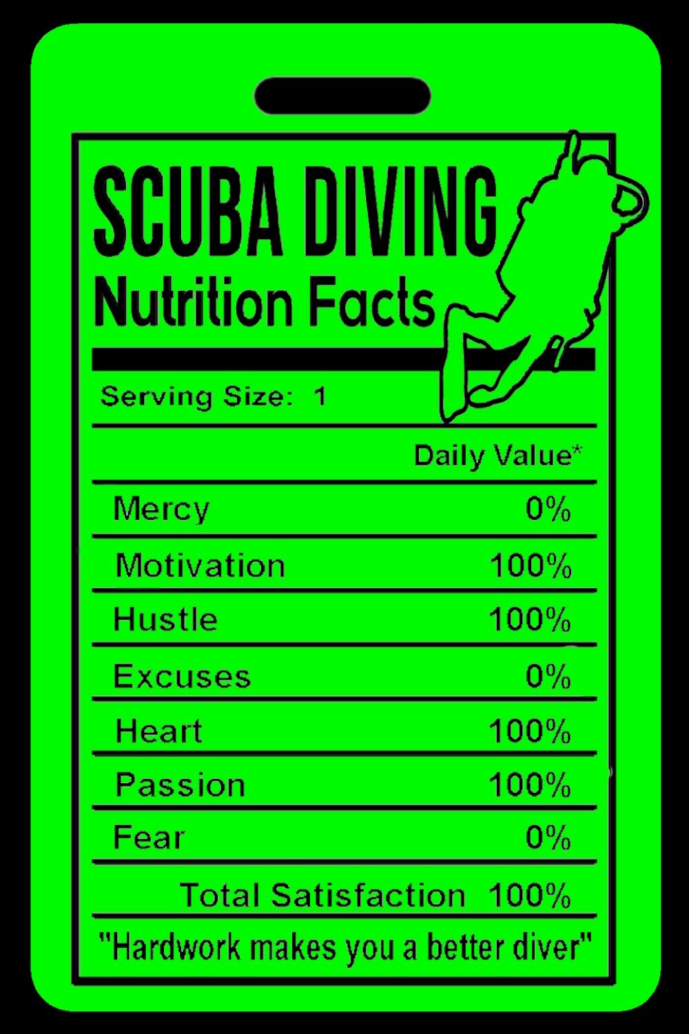 Personalized Hi-Viz Green SCUBA Diving "Nutrition Facts" Luggage/Gear Bag Tag