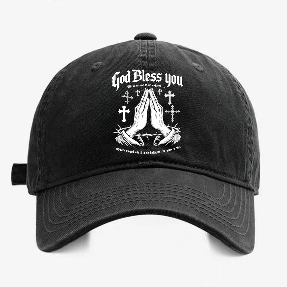 God Bless You Christian Adjustable Cap Faith Gift Praying Hands Cross Casual Hat