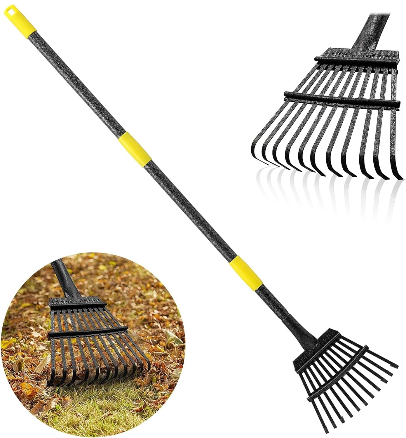 Small Metal Leaf Rake 60" Adjustable Long Handle Heavy Duty 11-Tine Garden Yard