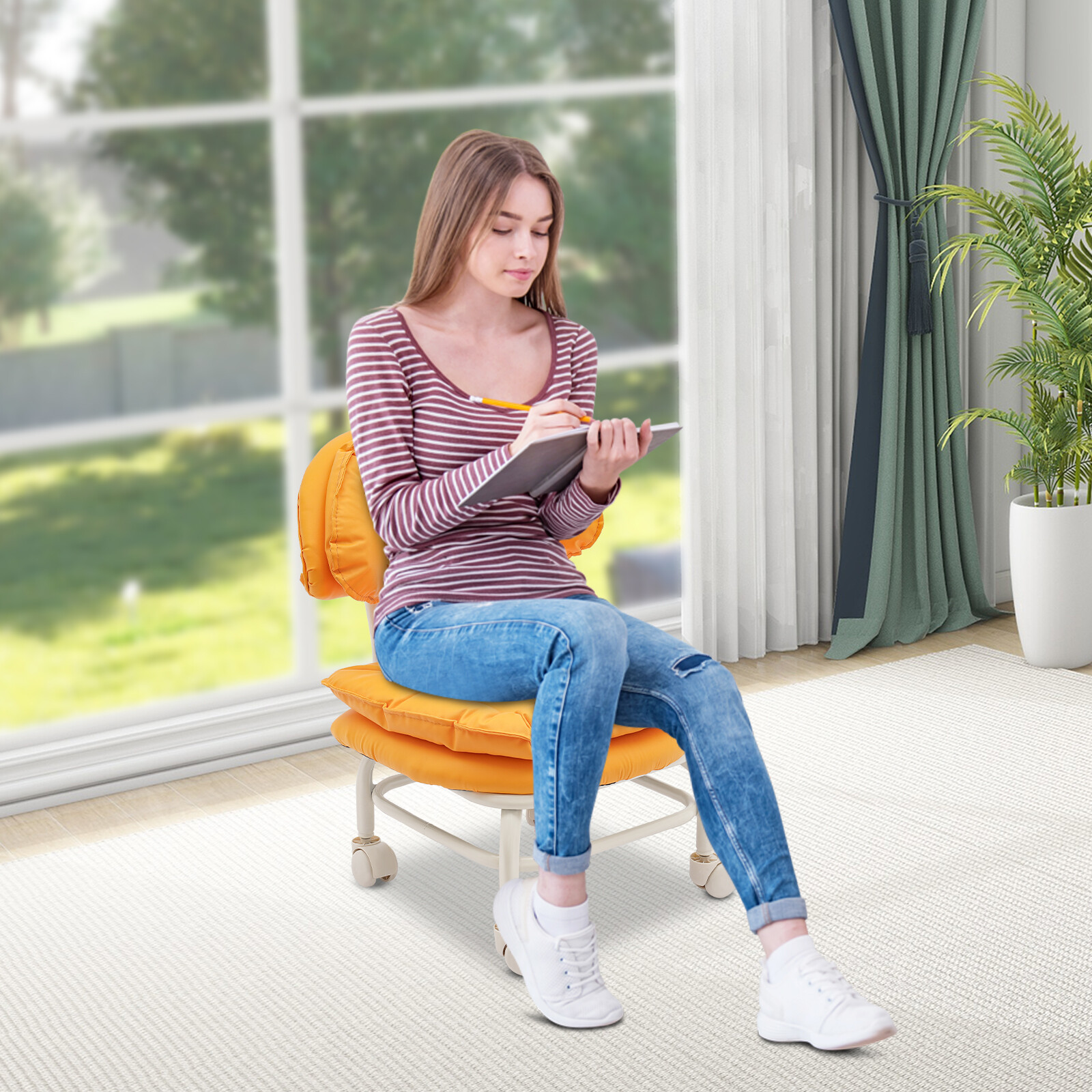 Orange Rolling Stool with Back Rest Heavy Duty Rolling Stool Roller Chair