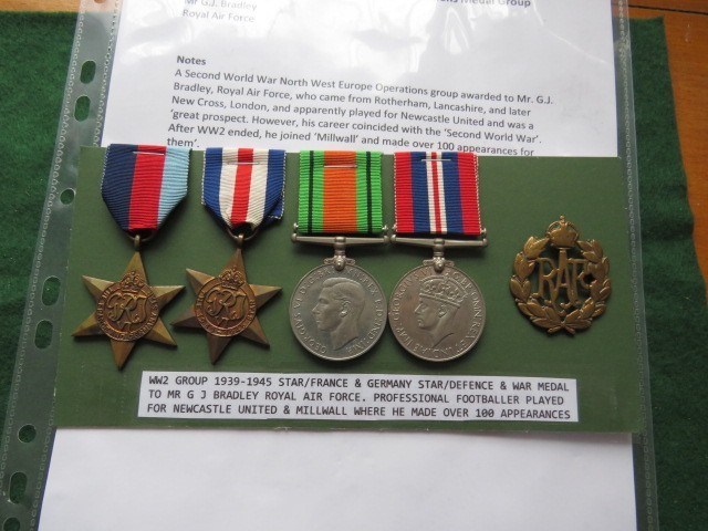 4 WW 2 MEDALS TO G J BRADLEY RAF EX NEWCASTLE & MILLWALL FOOTBALL PLAYER