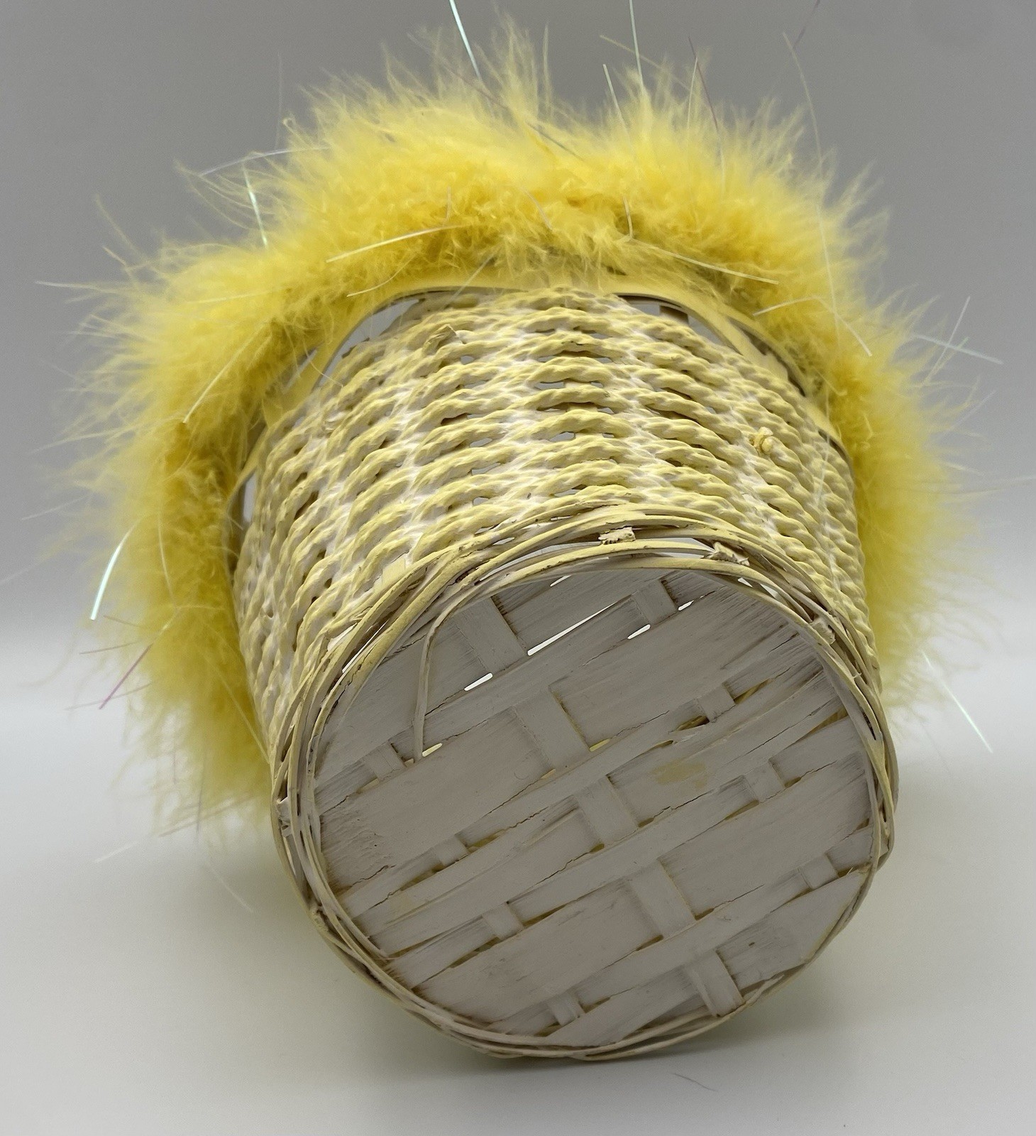 Woven Wicker Yellow Easter Basket With Fluffy Yellow Feather Trim Wire Handle
