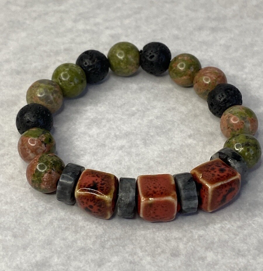 Unakite labradorite lava stone stretch bracelet