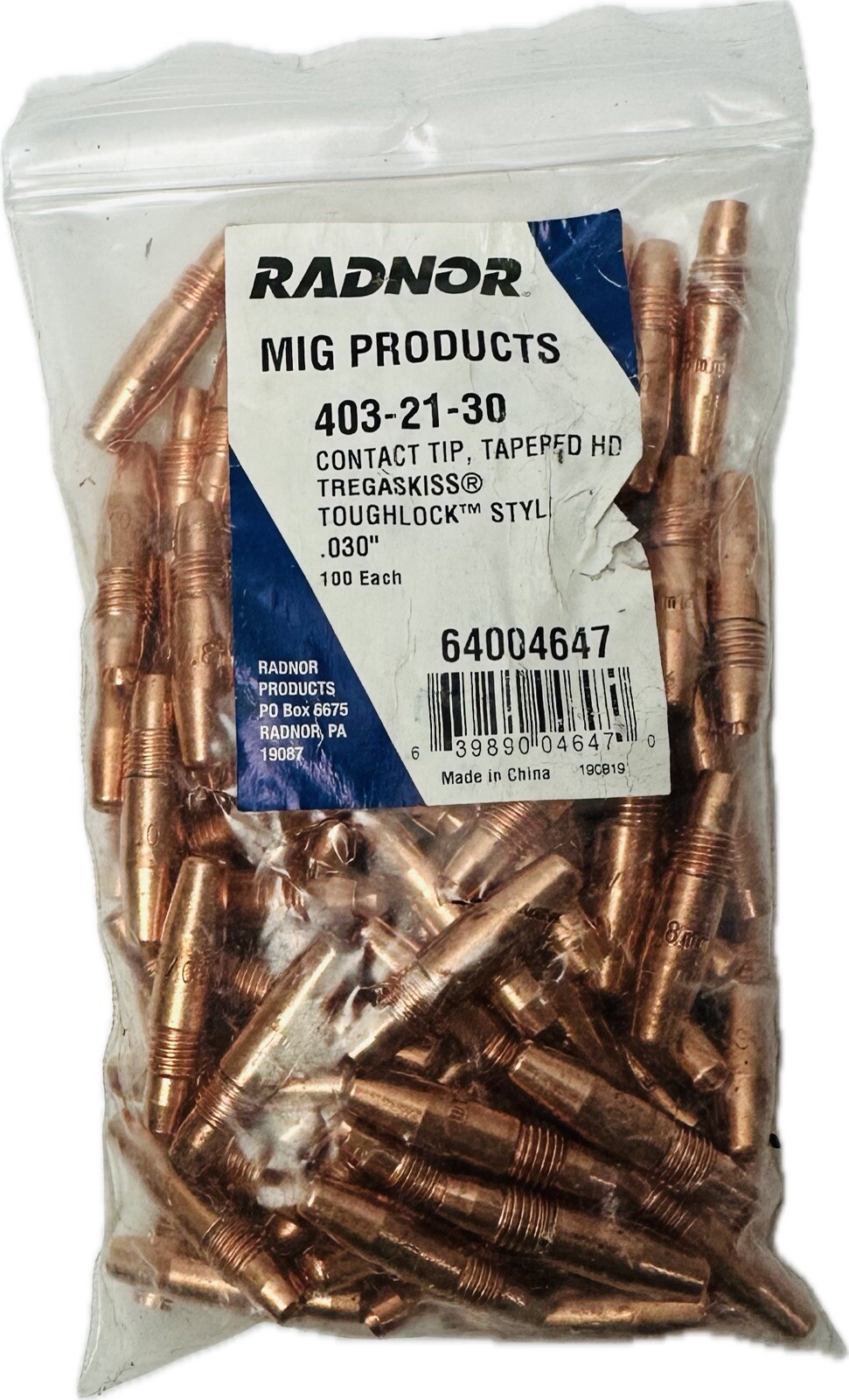 100 Pcs Radnor Tregaskiss .030” TOUGH LOCK Heavy Duty Tapered Welding Mig Tip