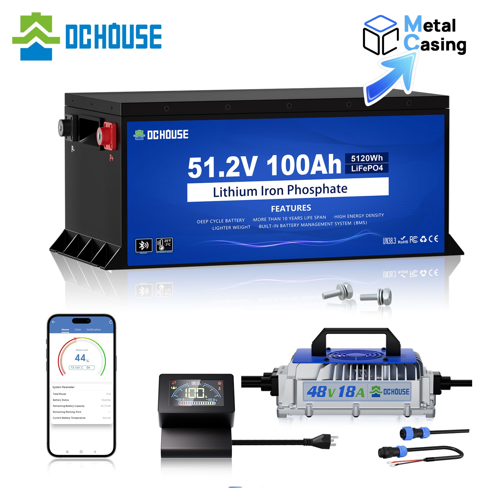 DCHOUSE 48V 100Ah Lithium Golf Cart Battery + 48V 18A Charger Trolling Motor RV