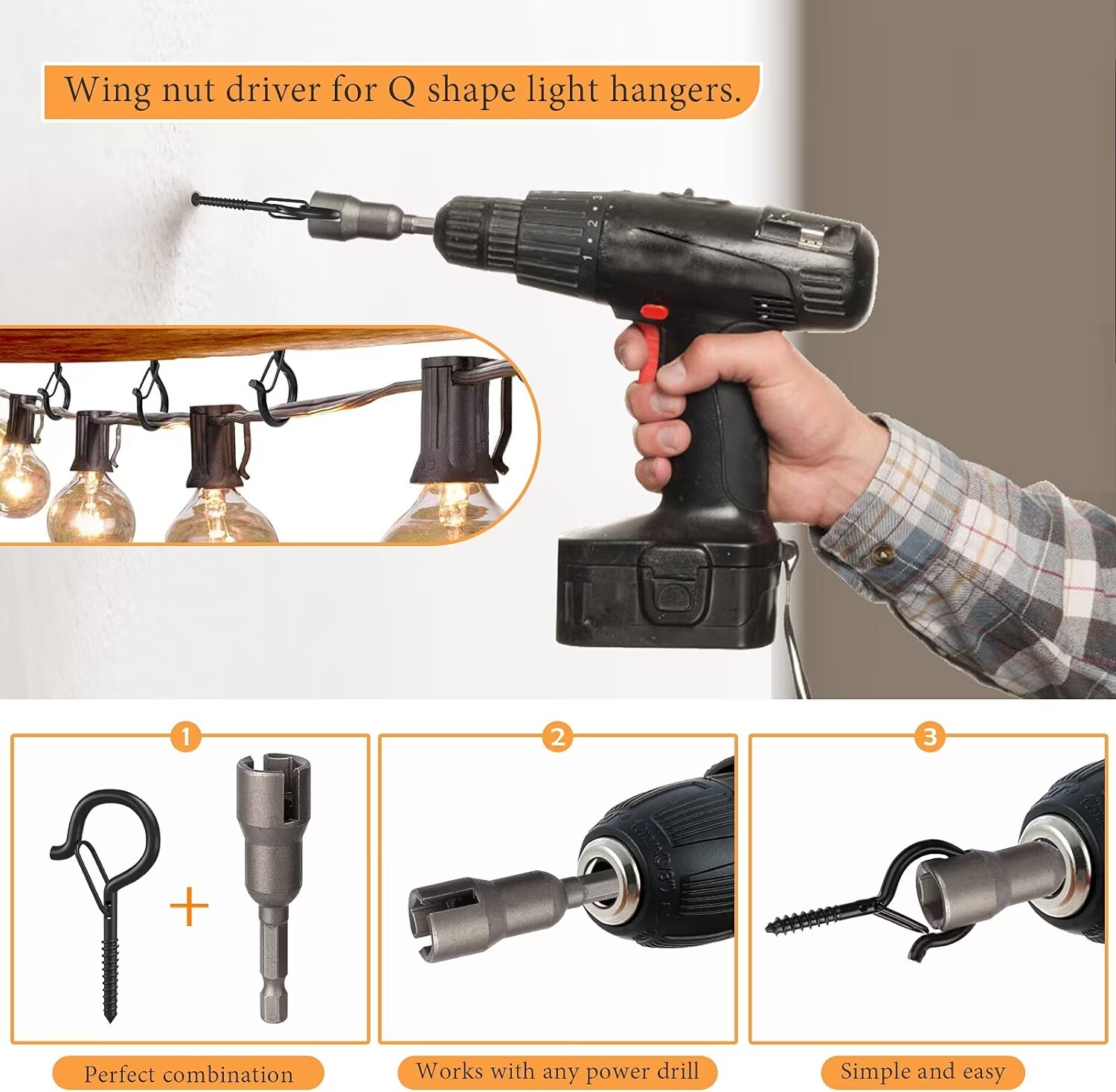 Q-Hanger Hooks for Outdoor String Lights - 50 Set - Wing Nut Drill Bit Socket