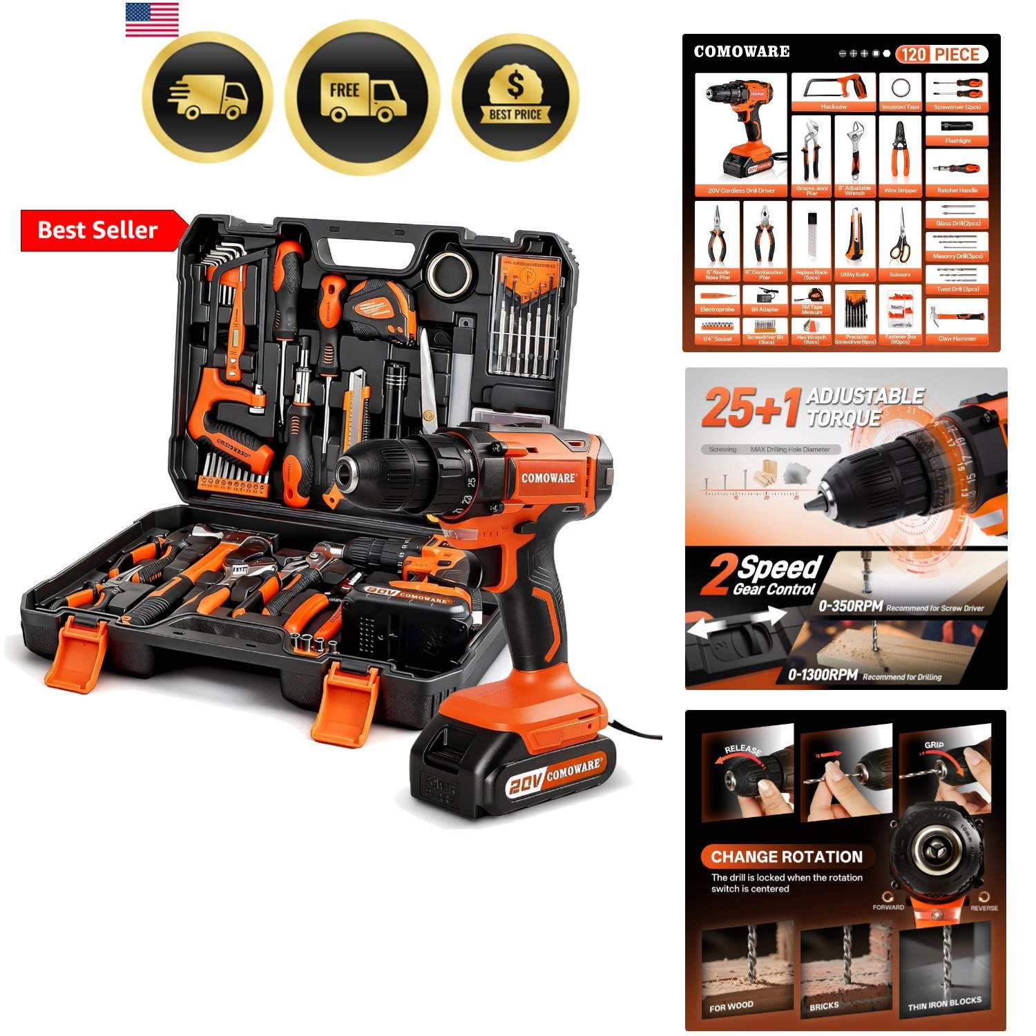 Household Tool Set with 20V Cordless Drill Driver, 120Pcs Hand Tool Kit for M...