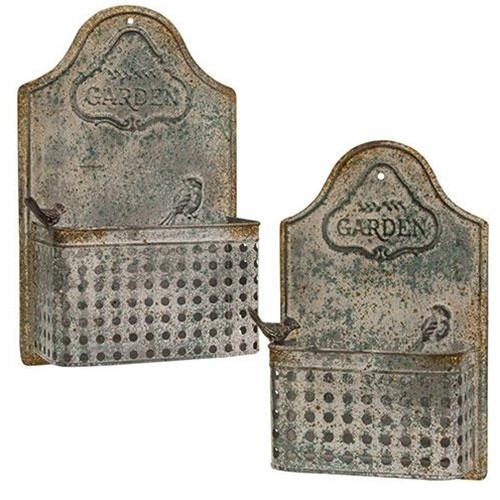 New Primitive Farmhouse Rustic SET 2 AGED  BIRD WALL BASKET Metal Pocket Planter