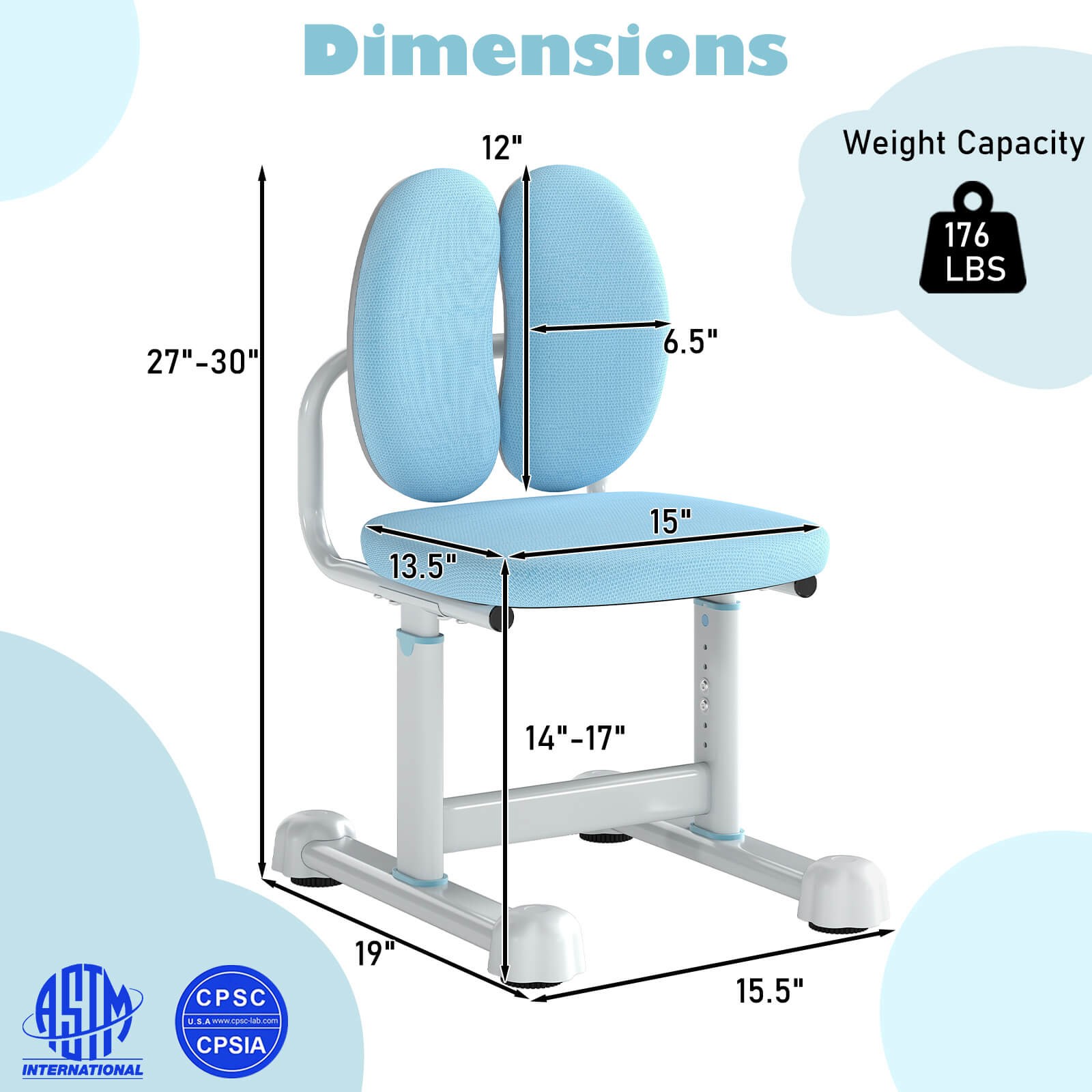 Kids Desk Chair w/Double Back Support Adjustable Height Upholstered Computer