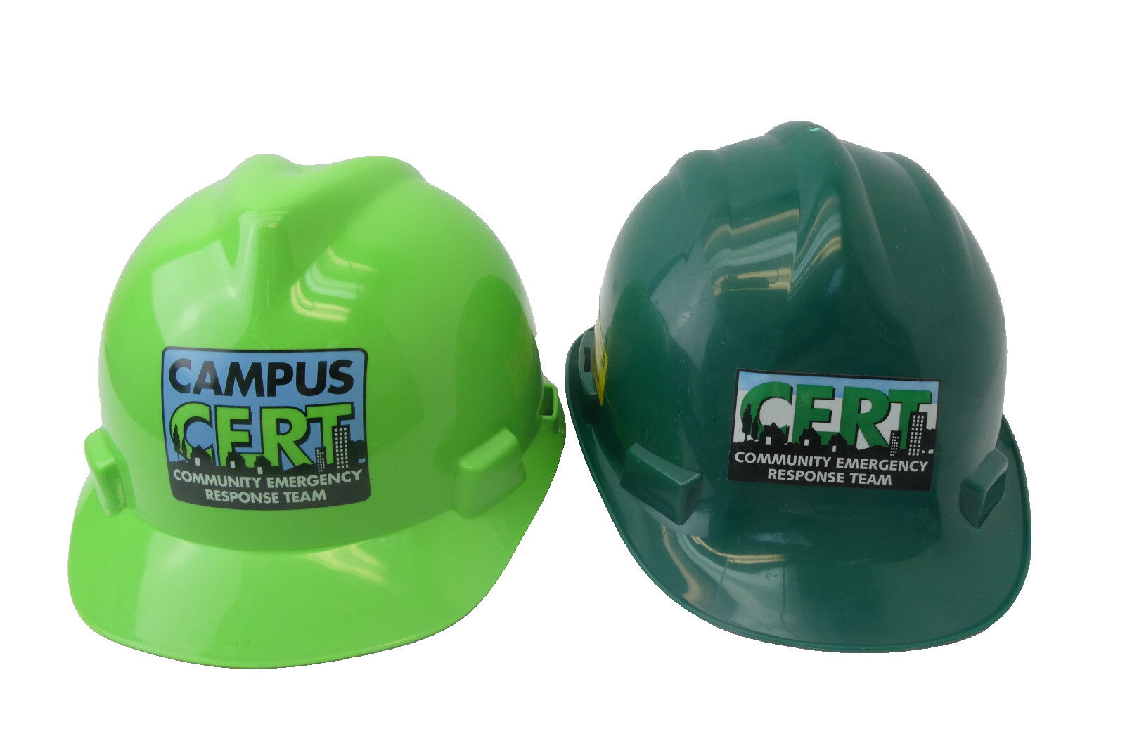 2 Used Light Dark Green CERT Community Emergency Response Team Campus Hardhats