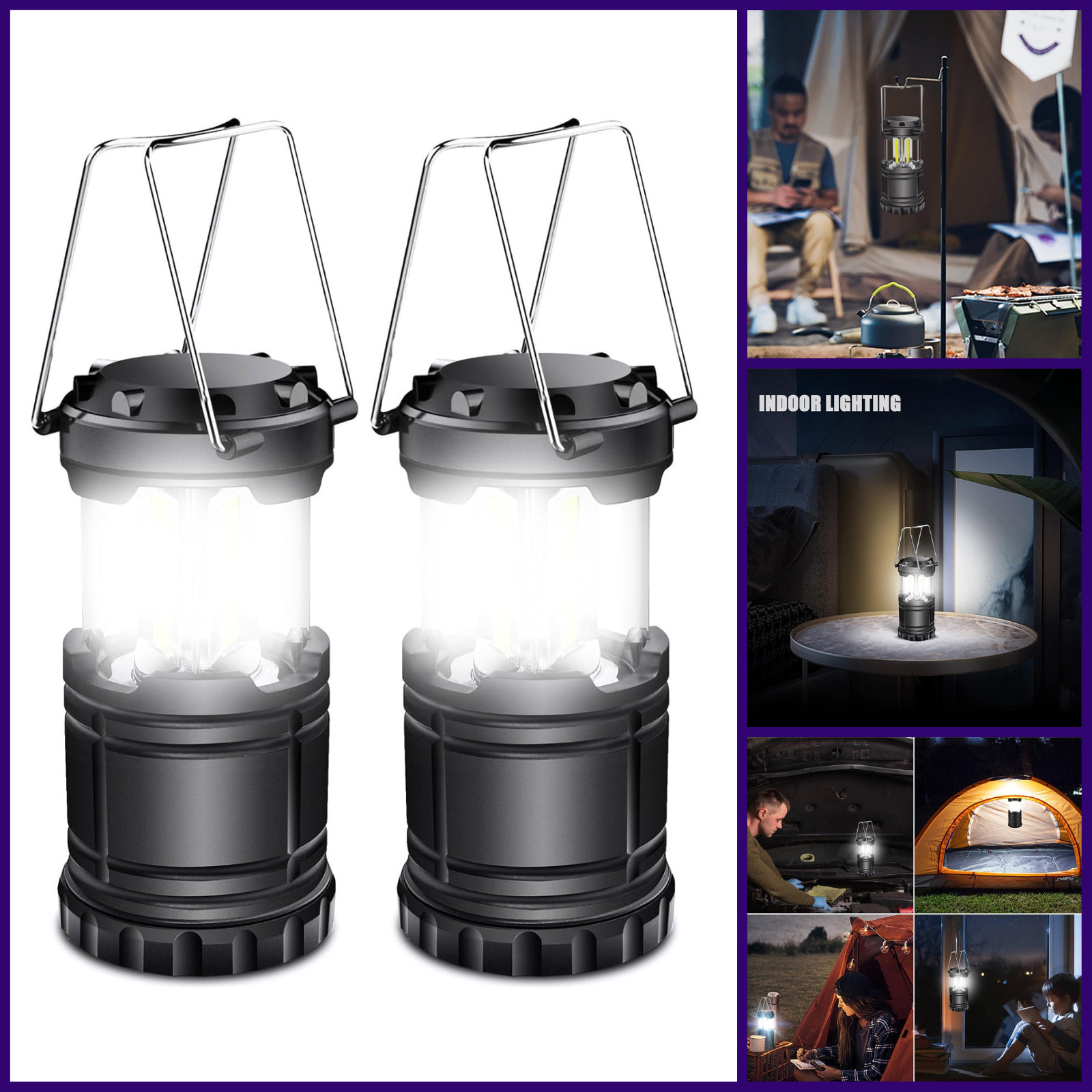 EXTRASTAR 2 Pack LED Battery Operated Camping Lantern Emergency Light Black