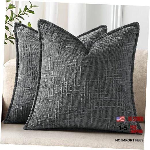 Chenille Throw Pillow Covers 22x22 Set of 2, 22" x 22" (Pack of 2) Dark Grey