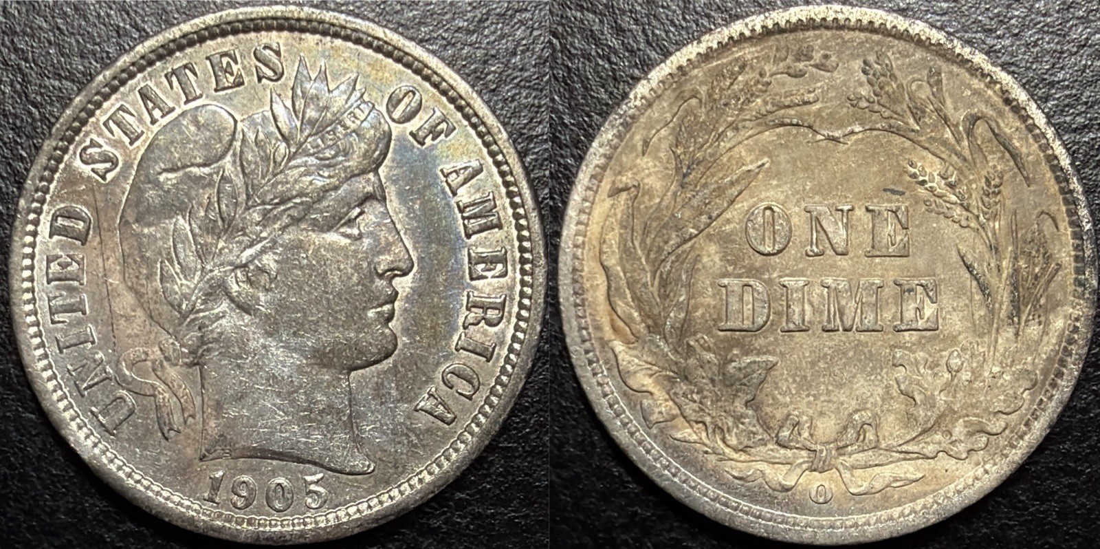 1905 O Micro O Barber Liberty Silver Dime 10c Toned AU Rare US Type Set Coin