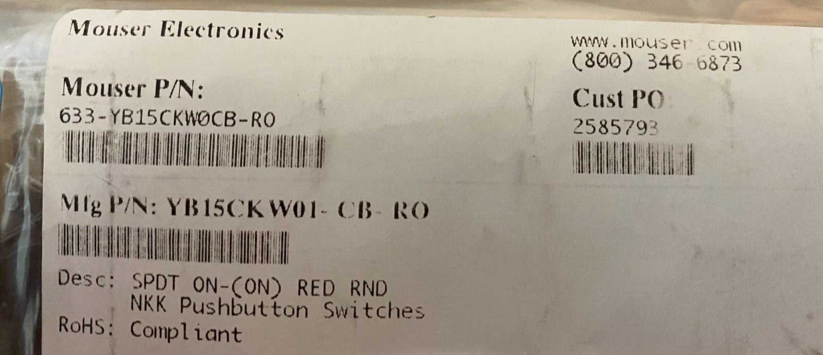1 - Mouser Electronics YB15CKW01-CB-RO NKK Switch
