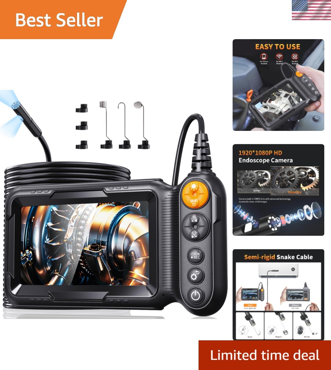 5M Waterproof Dual-Lens Endoscope Camera with Light - HD 1080P Inspection