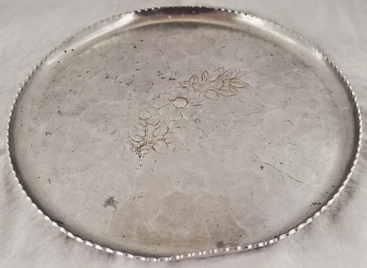Vintage MCM Hammered Hand Forged Aluminum Etched Flower Round Serving Tray