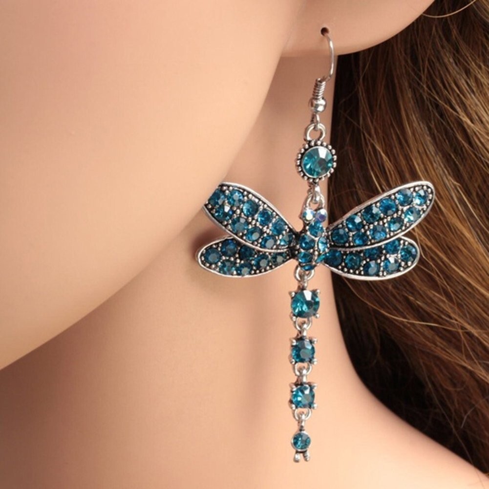 Blue Crystal Dragonfly Colorful Dangle Earrings Silver Tone, Radiant