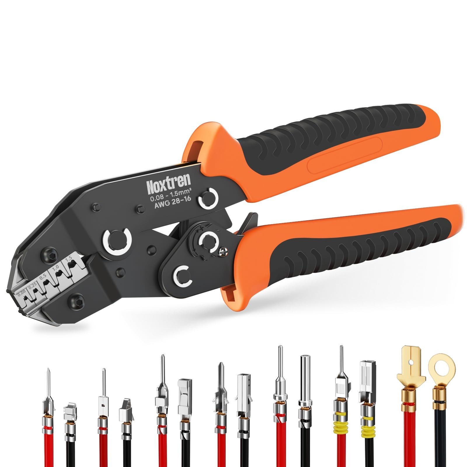 5-in-1 Wire Crimping Tool, AWG 28–16 Ratcheting Pin Crimper for Non-Insula