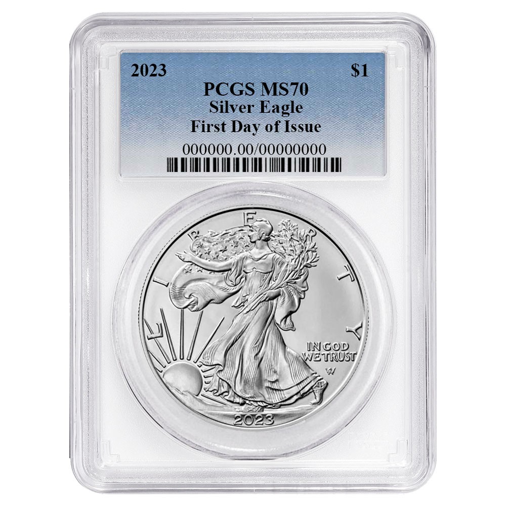 2023 $1 American Silver Eagle PCGS MS70 FDOI Blue Label White Frame