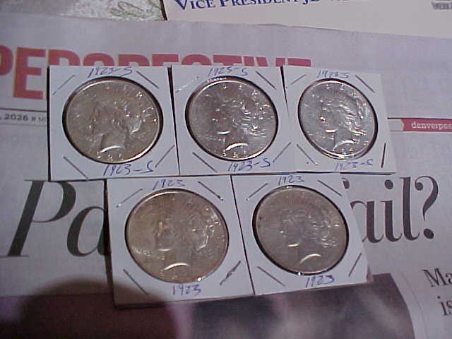 Lot (5) Peace Silver Dollars, 90% Silver, 1923, 1923, 1923-S, 1923-S, 1923-S