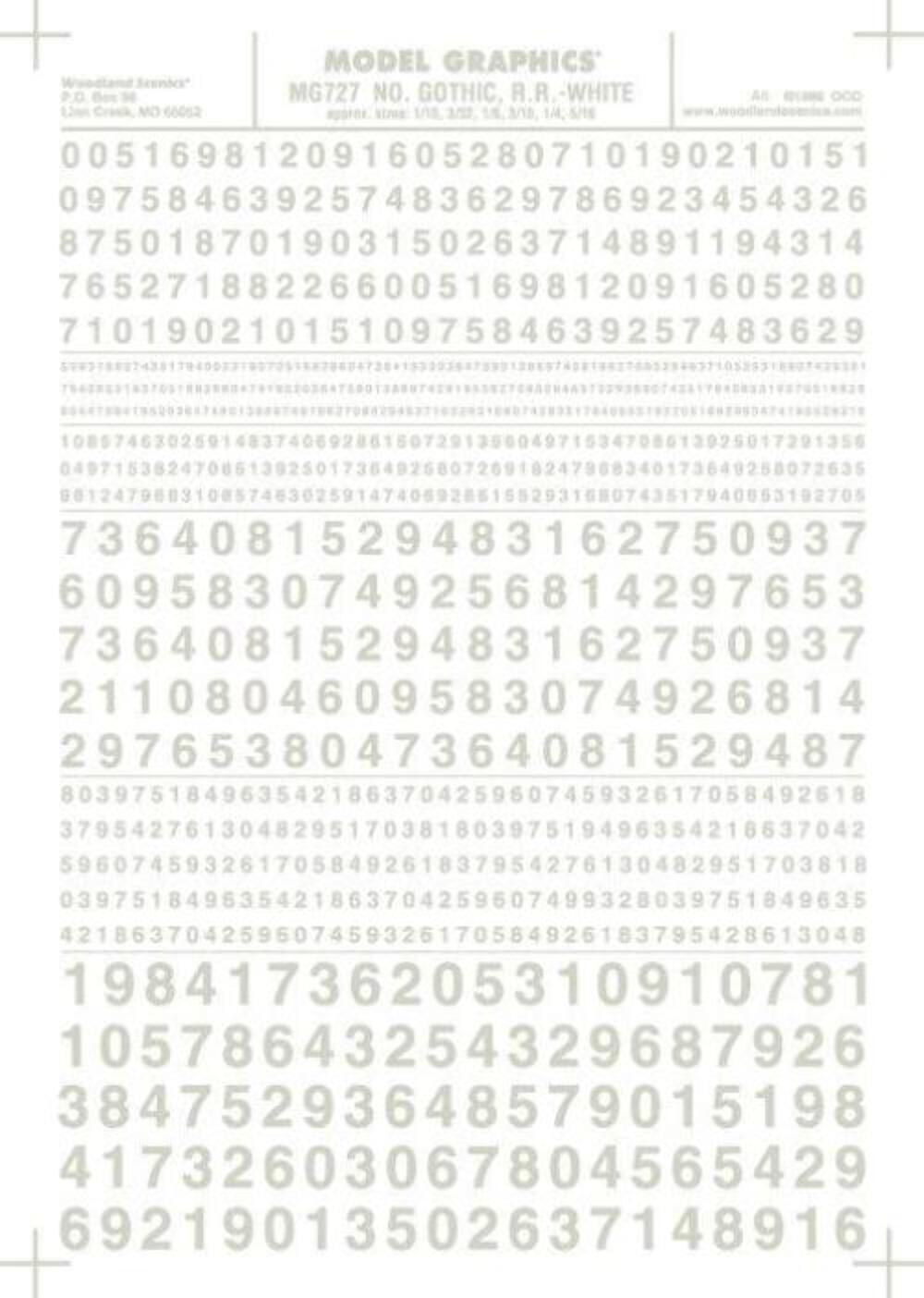 Woodland Scenics MG727 Gothic R.R. Numbers White 1/16-5/16" Train Decal Sheet