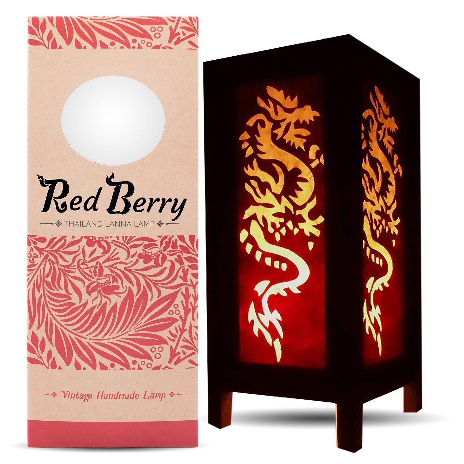 RED BERRY THAILAND LANNA LAMP - Vintage Asian Lamp with Fabric Square Lamp - ...