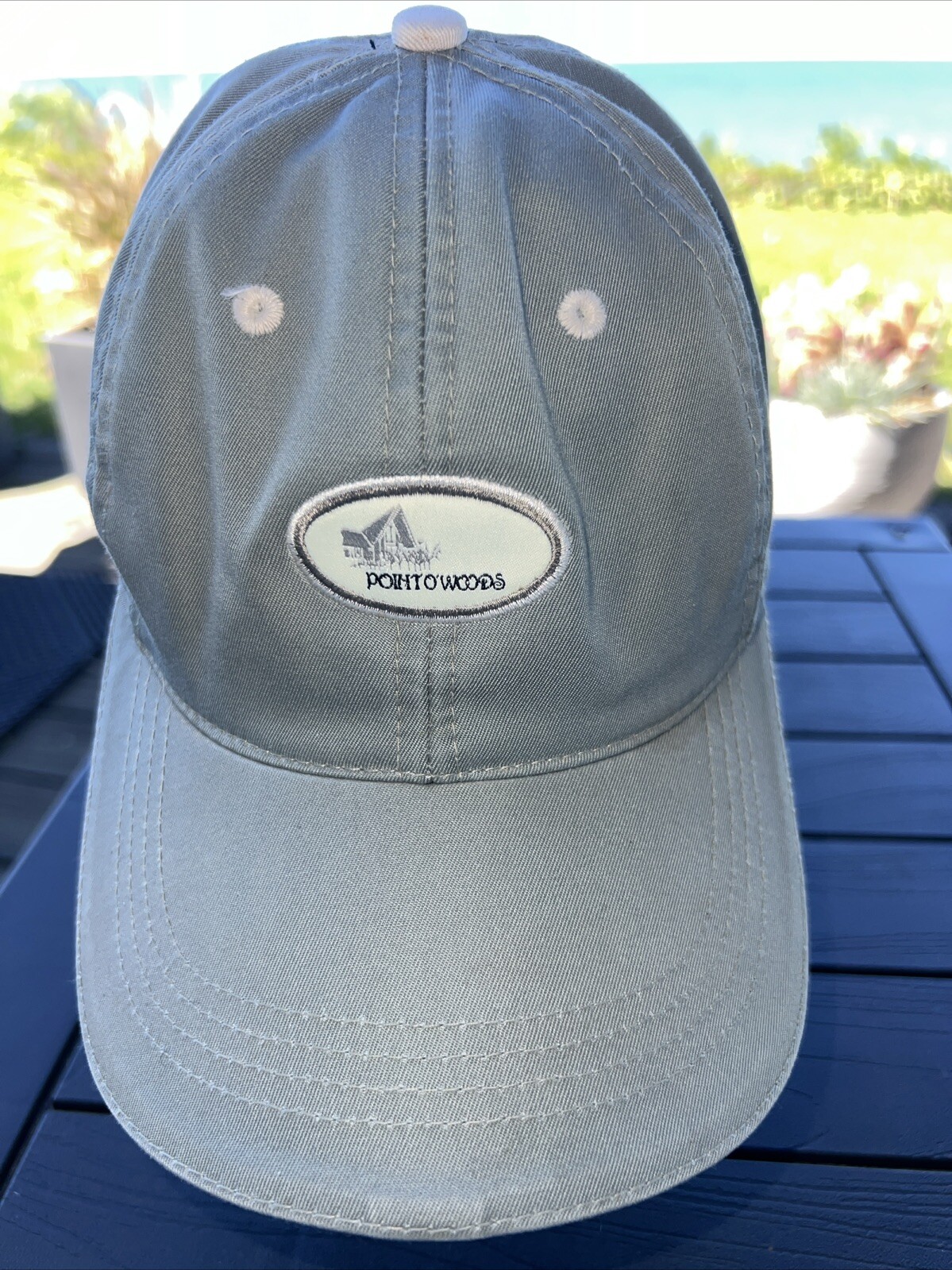 Point of Woods Golf Club Gray Green w Cream Accents Hat Cap Michigan Hook Loop