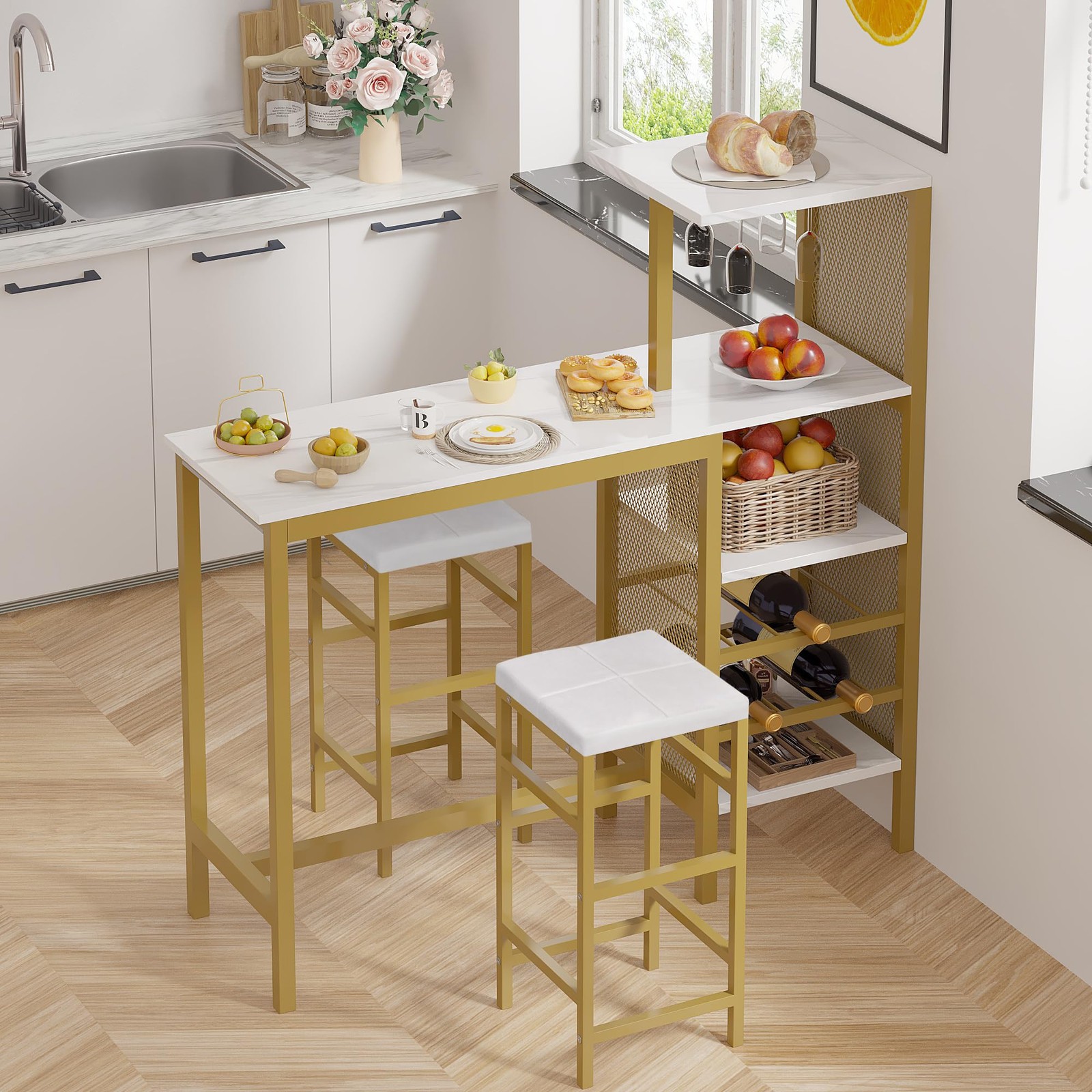 Bar Table and Chairs Set for 2, 3-Piece Dining Set with Storage Shelves, Cup ...