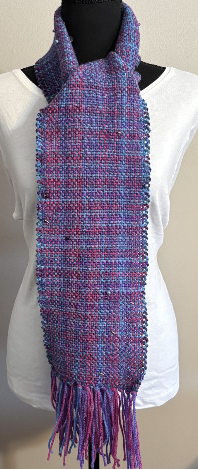 Hand-Woven Scarf, Purple, Blue, and Magenta, Embellished with Beads