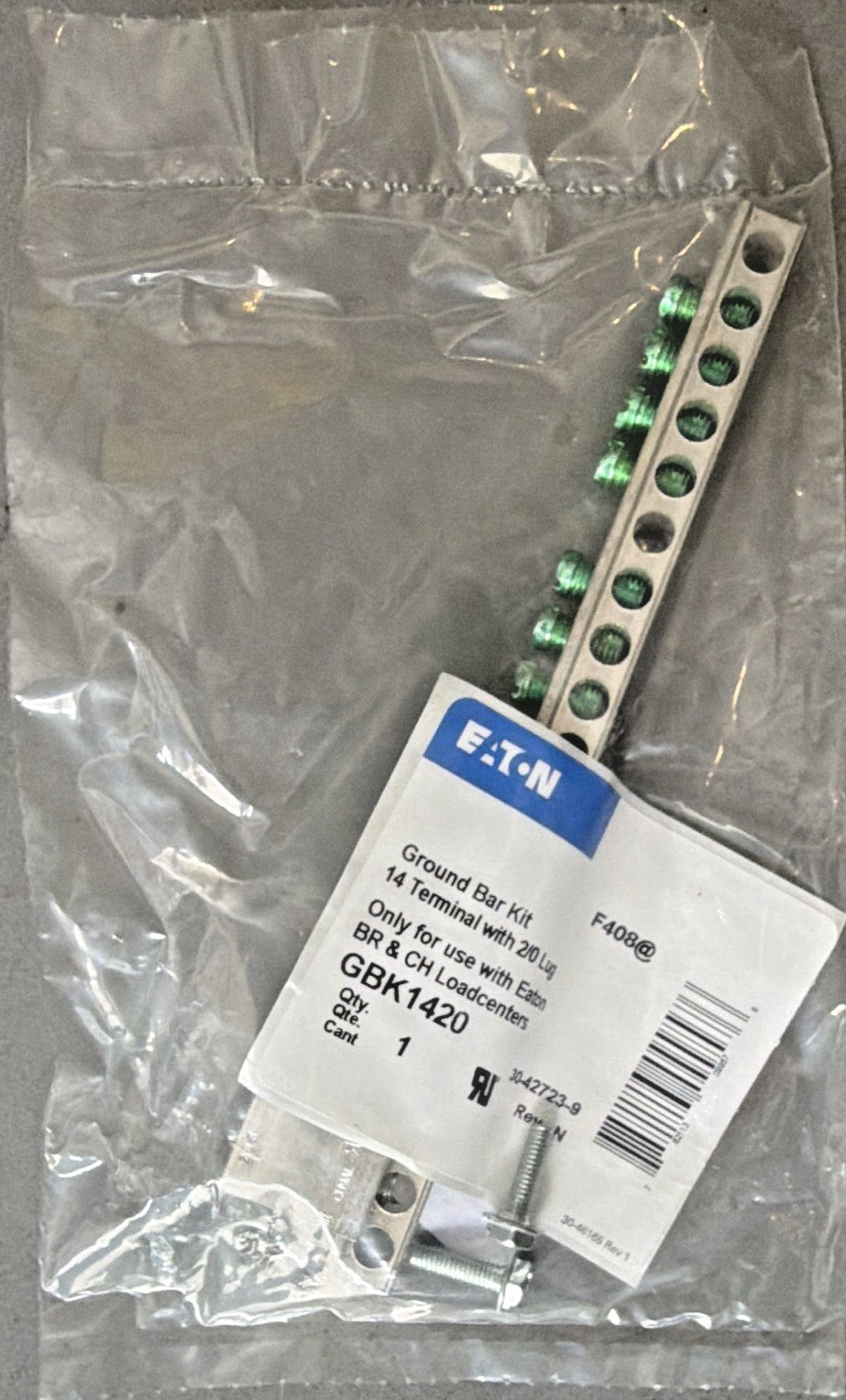 Eaton Ground Bar Kit, 14-Terminal w/ 2/0 Lug for BR & CH Loadcenters GBK1420