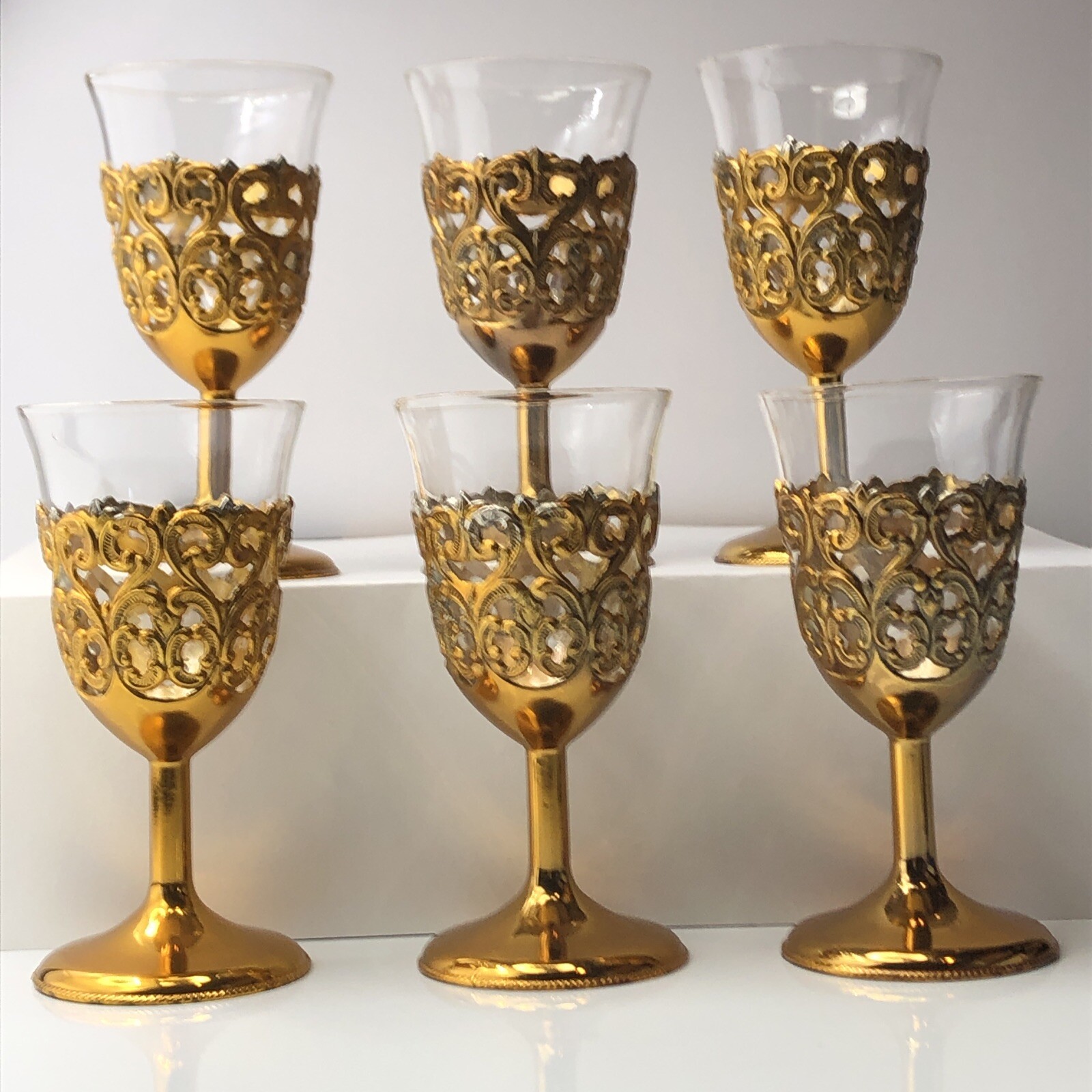 MCM 6 Gaged Gold Tone Filigree Shot Cordial Glasses, Removable Glass Teak