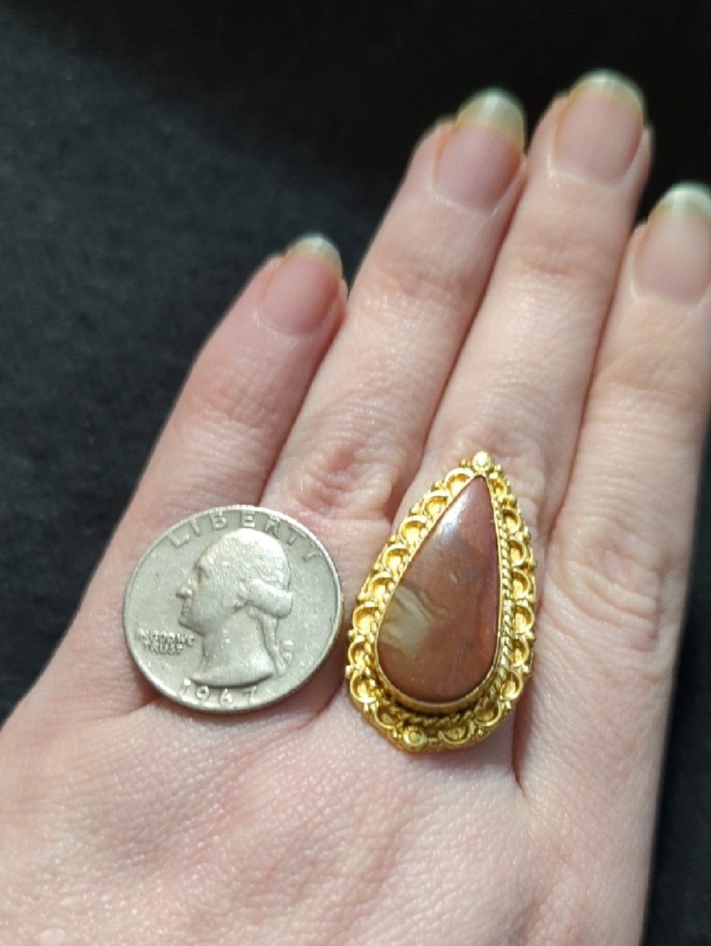 Gold Plated Red Brown Jasper Gemstone Teardrop Statement Ring - Size 9