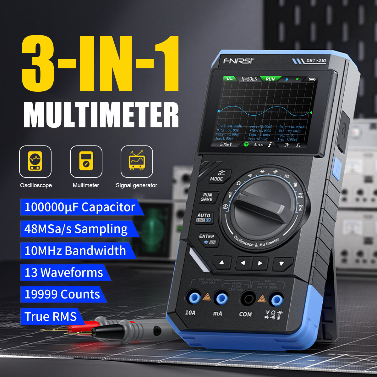 FNIRSI 3-IN-1 10M Handheld Digital Oscilloscope+Multimeter+Signal Generator