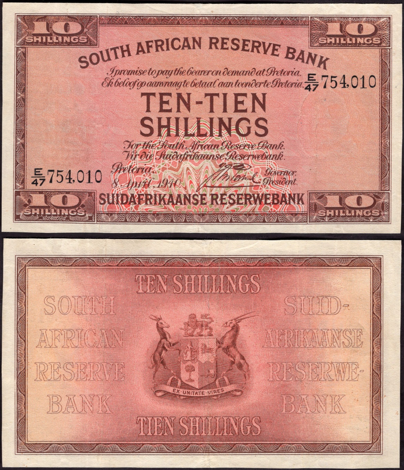 South Africa. Ten Shillings 8-4-1940 (WPM; 82d) E/47 754,010 Crisp VF.