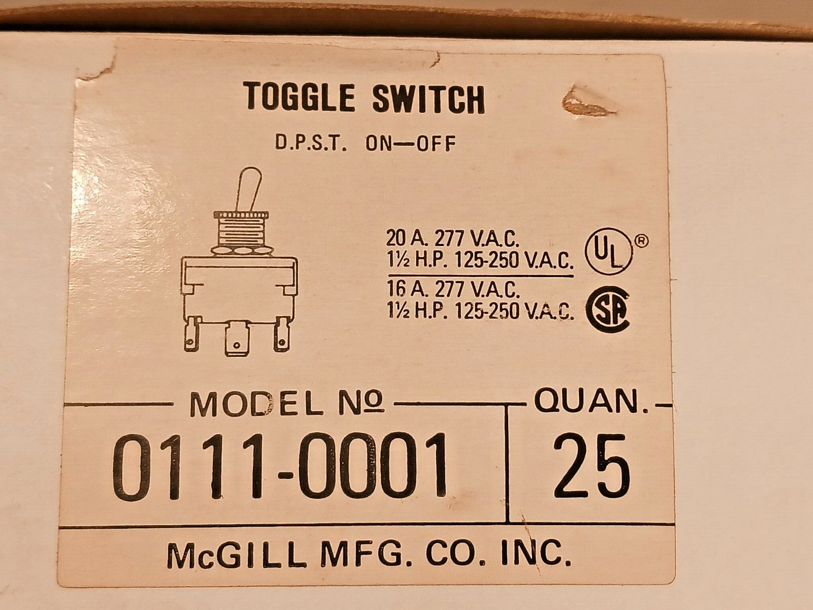 McGILL 0111-0001 D.P.S.T. (ON-OFF) TOGGLE SWITCH, (SOLD BY THE CARTON OF 25)