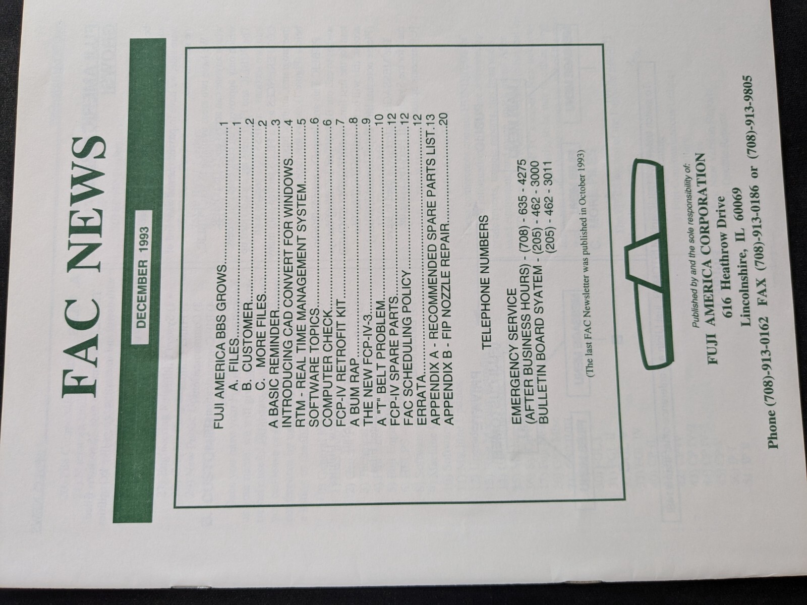 1993 Fuji America Corporation News Letter - December