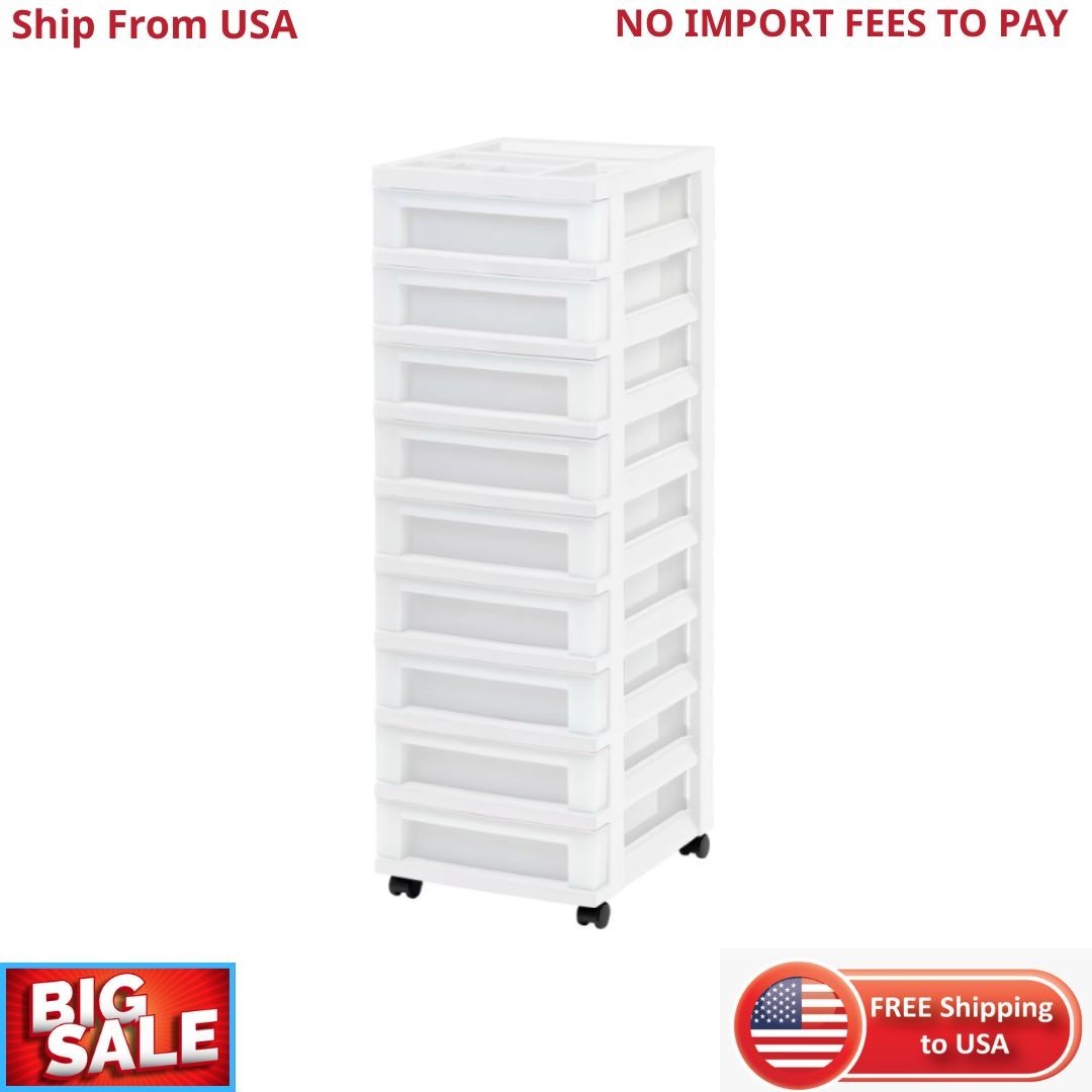 IRIS 9-Drawer Narrow Plastic Storage Drawer Cart with Organizer Top, White New