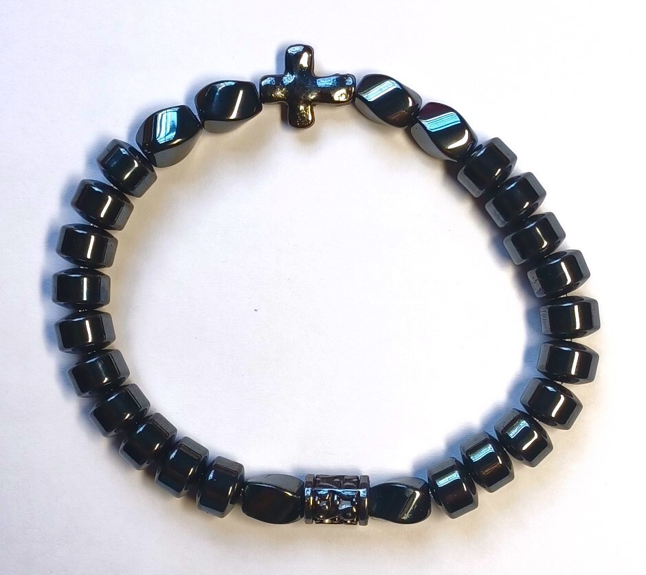 Chic Hematite Beaded Bracelet with Cross Charm