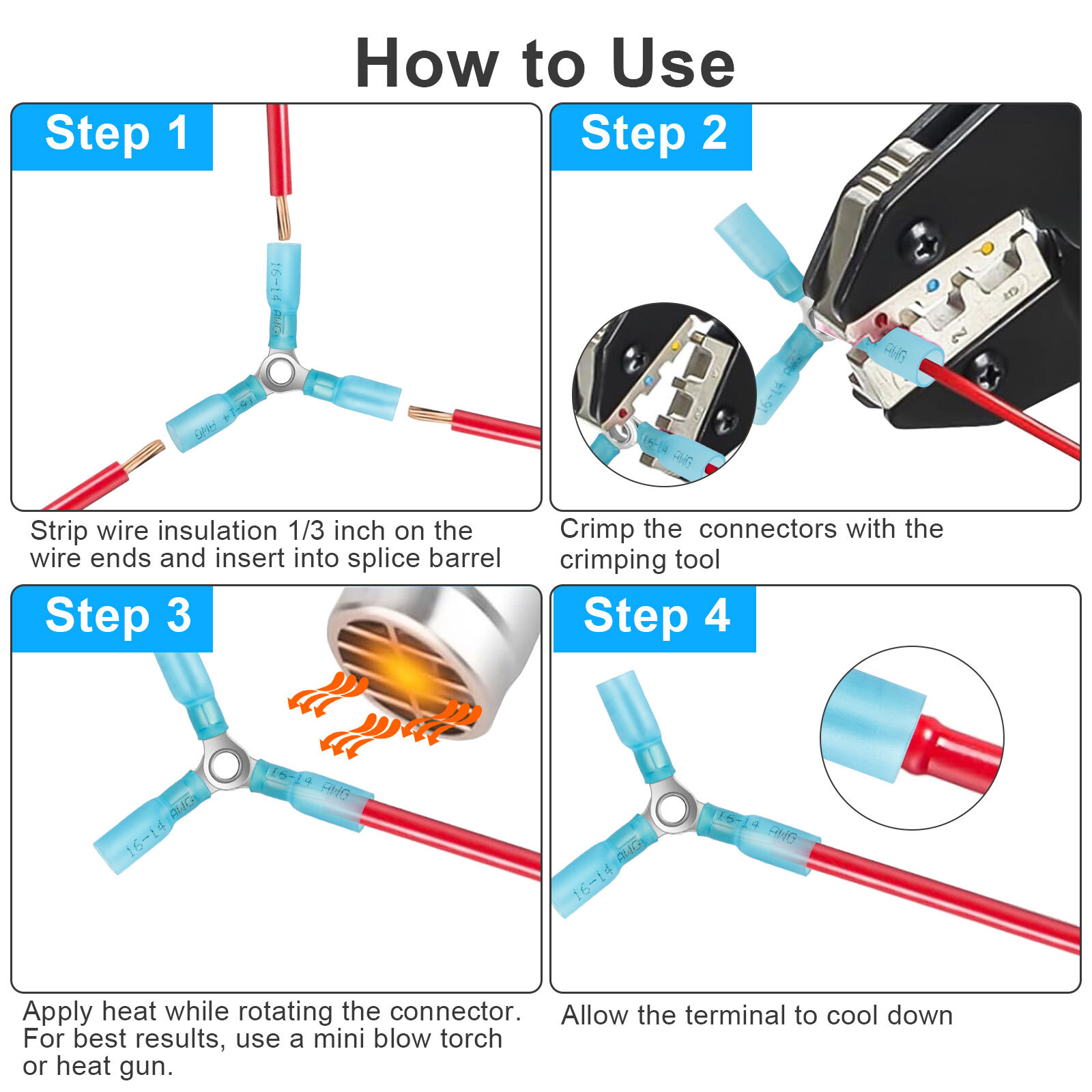 20 pcs 16-14 AWG 3 Way Wire Connector Electrical Heat Shrink Butt Terminals Kit