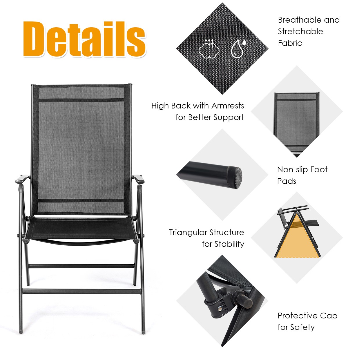 Set of 2 Patio Folding Dining Chair Recliner Adjustable Camping Portable Black
