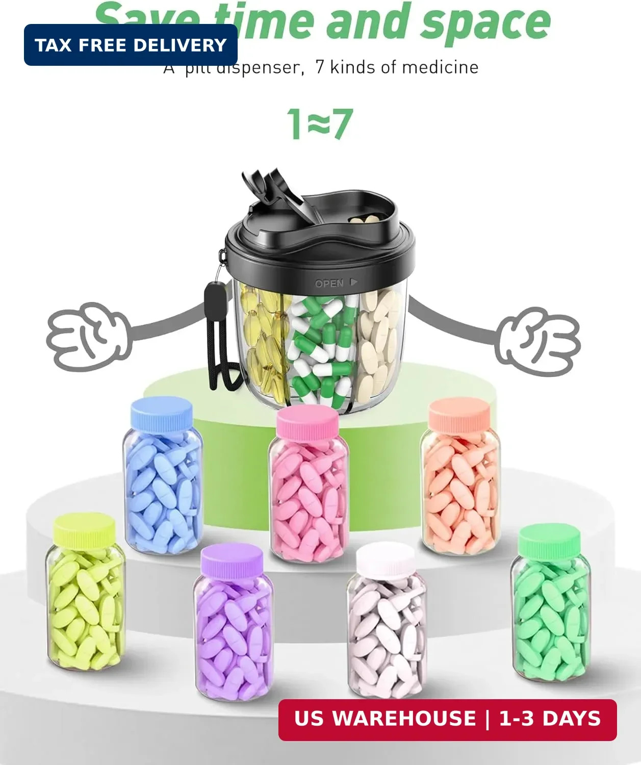 Pill Organizer,Pill Dispenser with 7 Large Compartments,Portable Pill Bottle Box