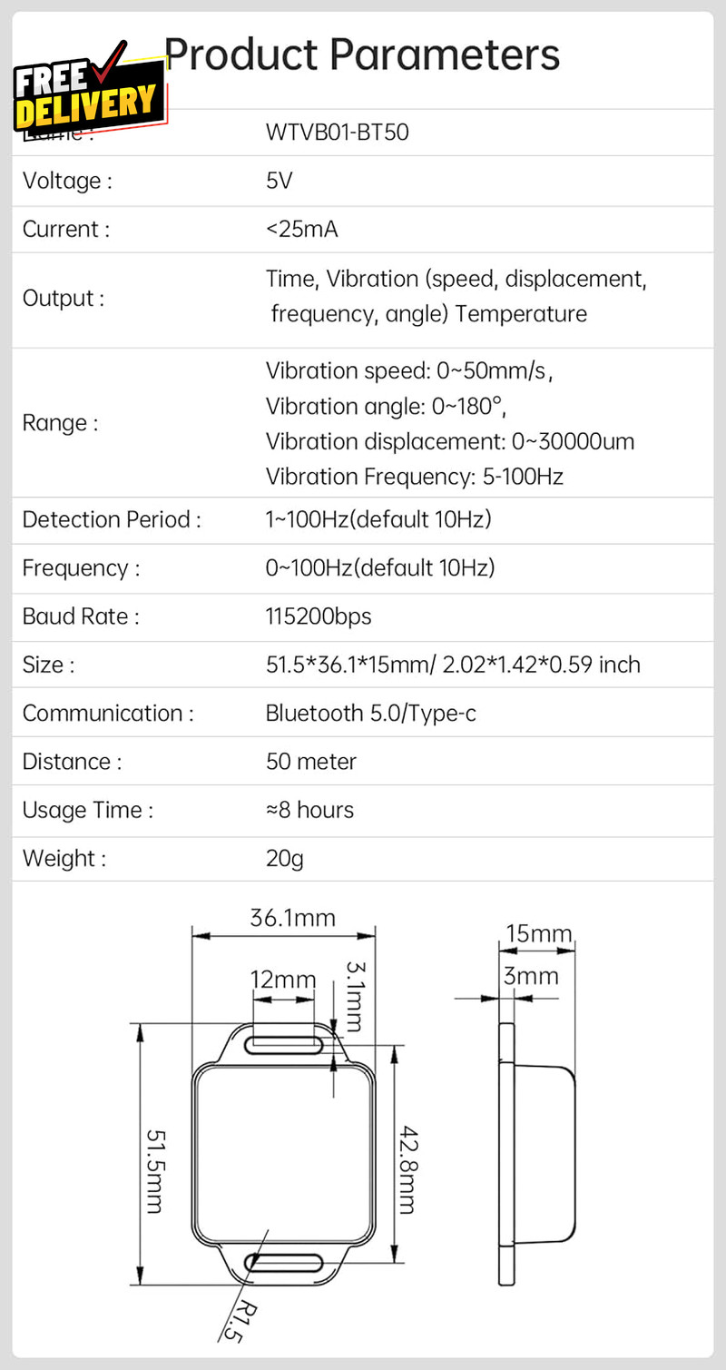 BLE Vibration Sensor WTVB01-BT50 Smart Vibration Module Ar-Duino 3-Axis Vib.....