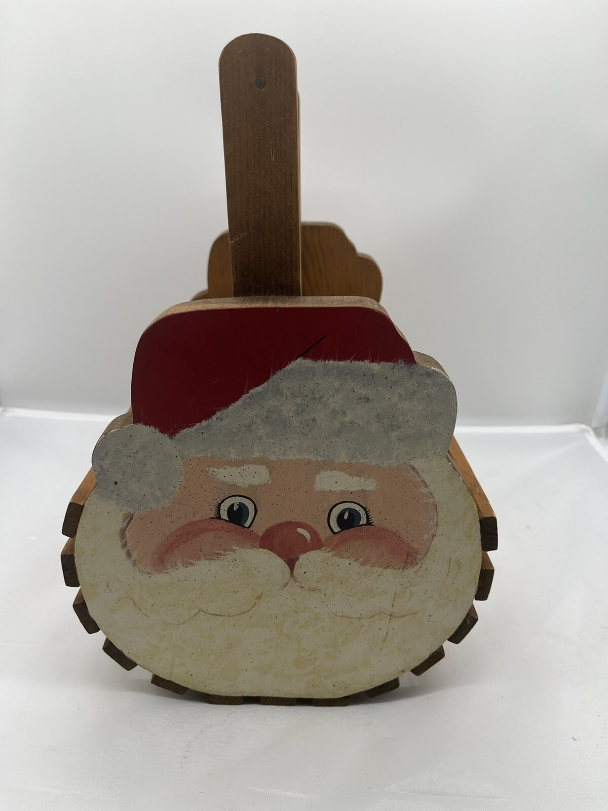 Hand painted Wood Tambour Basket Santa Christmas  10.5”L x 8”W x 12” H Vtg